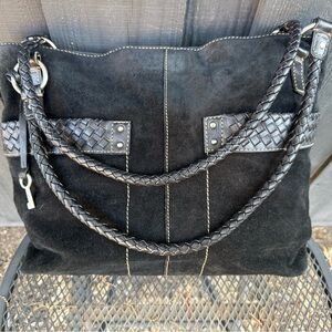Fossil Black Suede Satchel Bag Braided Leather Handles/Trim Zip Tassel